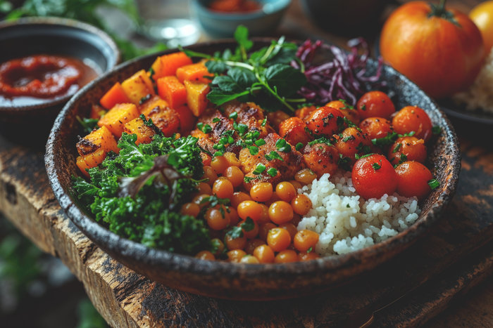 Healthy vegetarian Buddha bowl with fresh vegetable salad, rice, chickpea, avocado, sweet pepper, cucumber, carrot