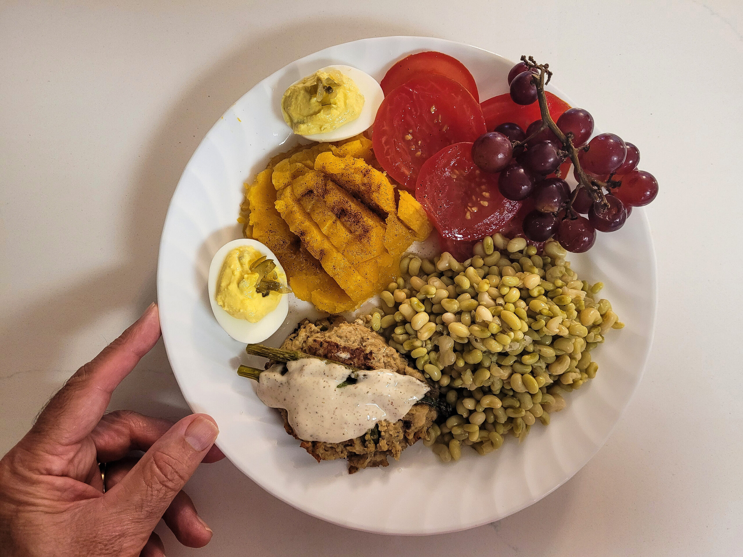 A healthy home-cooked meal displayed on a white plate with a variety of foods. The meal includes grilled squash, sliced tomatoes, hard-boiled eggs, grapes, cooked lentils, and a piece of meatloaf with a creamy sauce.