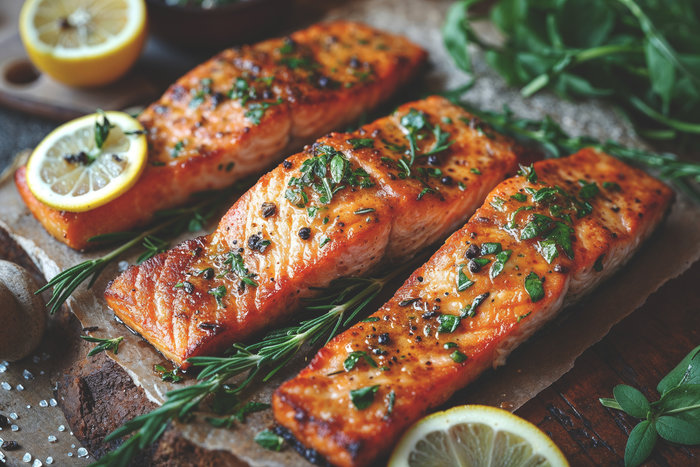 Pieces of grilled salmon with rosemary and lemon served on a wooden tray.